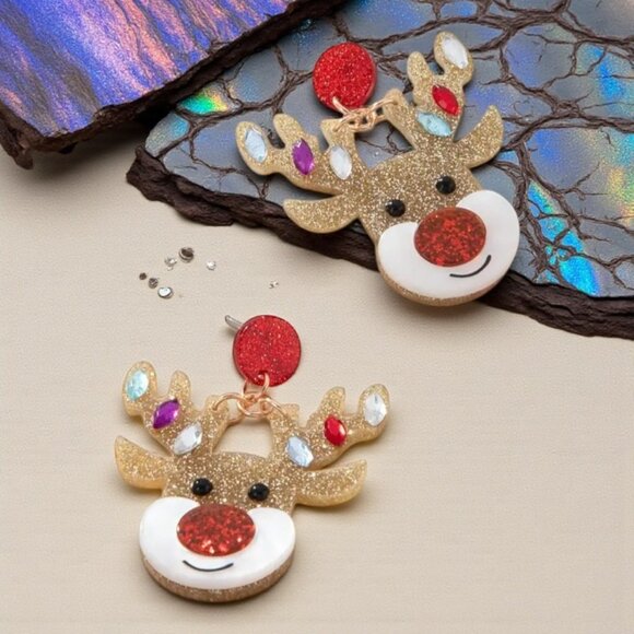 🆕Christmas Holiday Reindeer Head Novelty Earrings Glittery Rhinestone Dangle - Picture 8 of 14